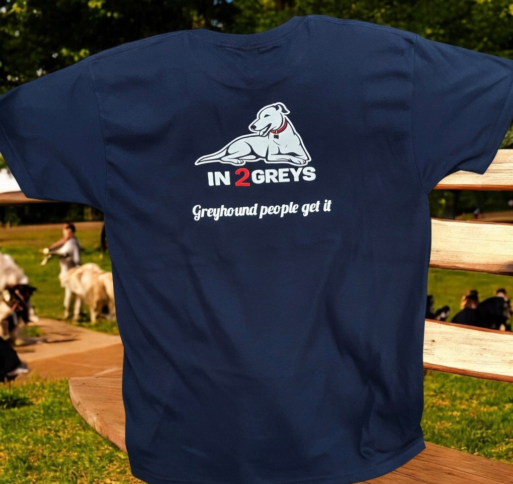In2Greys Navy Blue T-Shirt – “Greyhound People Get It” (Unisex 100% Cotton)