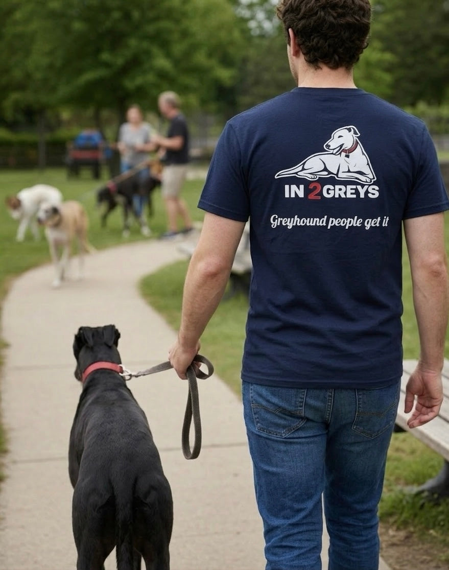 In2Greys Navy Blue T-Shirt – “Greyhound People Get It” (Unisex 100% Cotton)