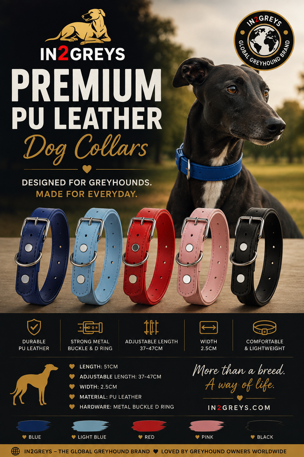 in2greys Premium PU Leather Greyhound Collar – 5 Colours
