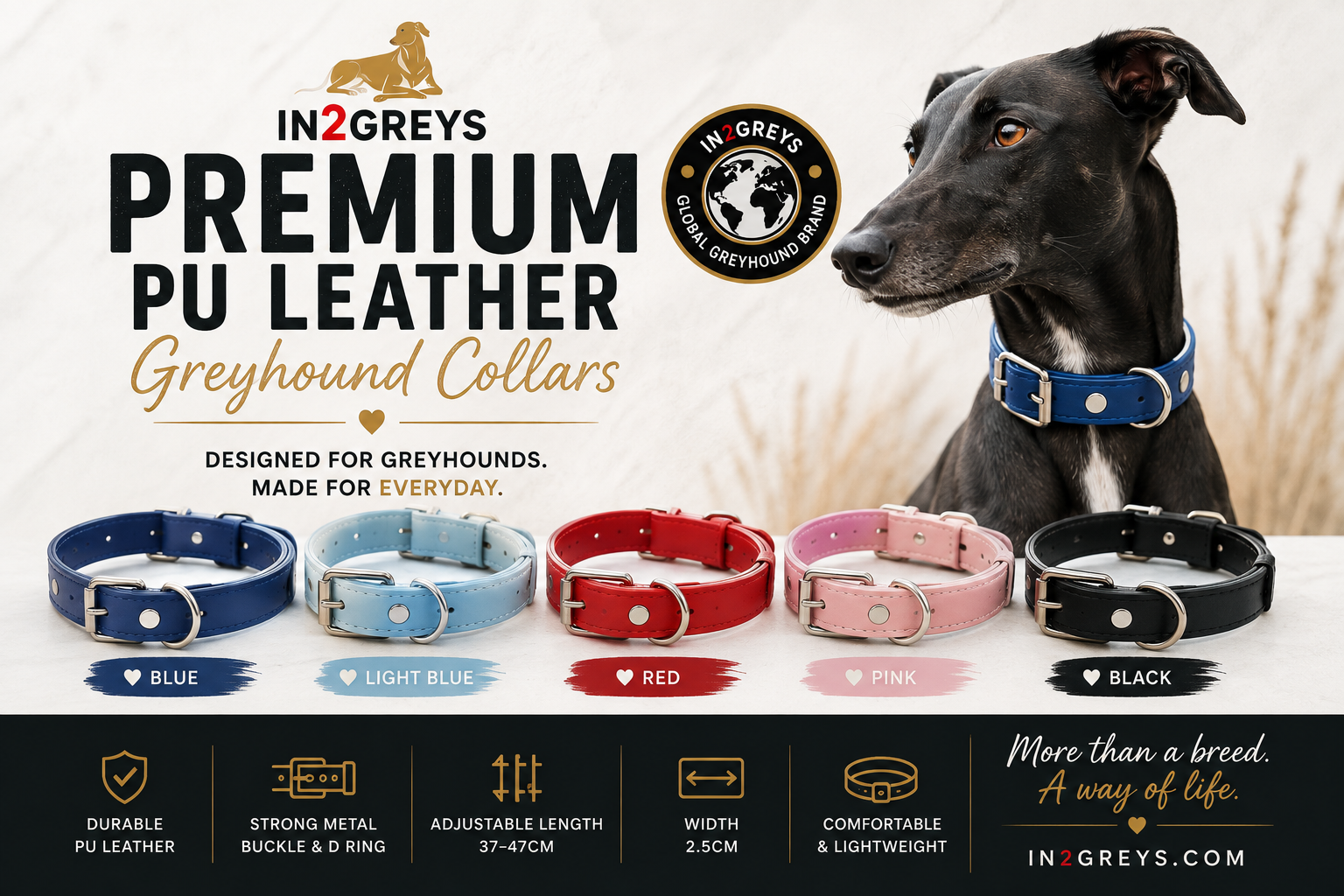 in2greys Premium PU Leather Greyhound Collar – 5 Colours