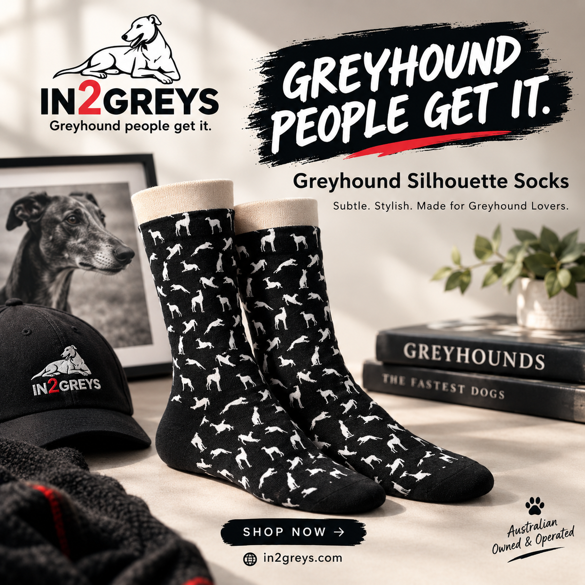 in2greys Greyhound Silhouette Socks – Black
